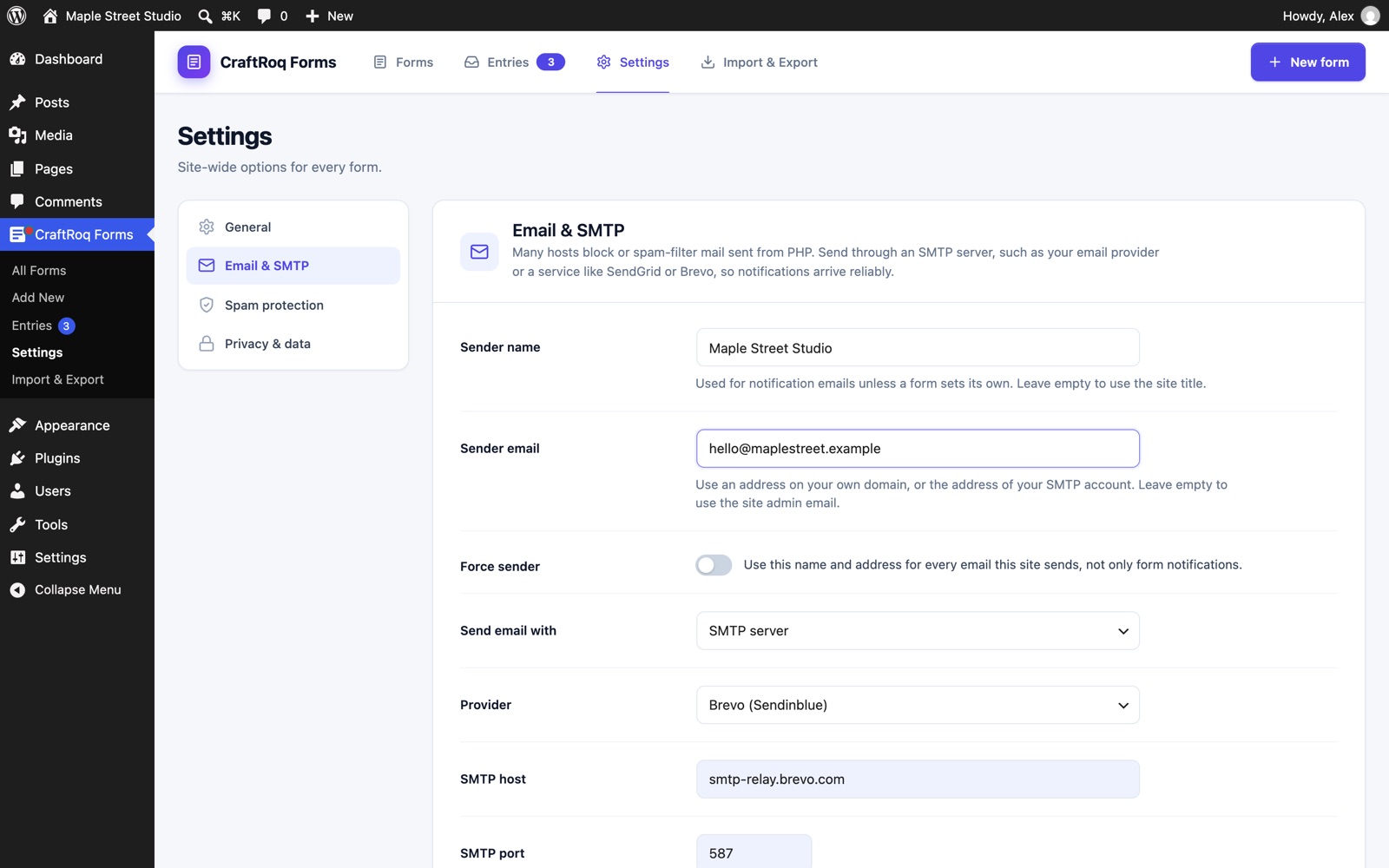 Email and SMTP settings with a provider chosen and the host and port filled in