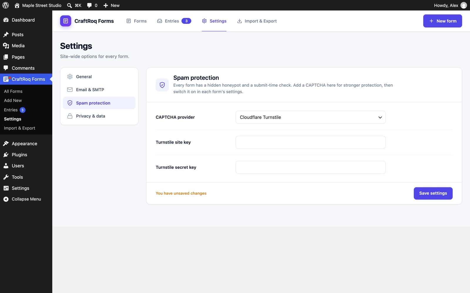 Spam protection settings with Cloudflare Turnstile chosen and boxes for its two keys