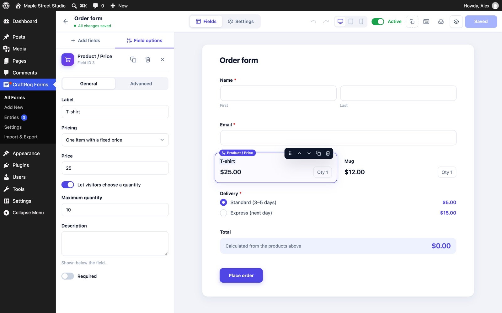 Field options for a product field: label, pricing, price, quantity and a Required switch