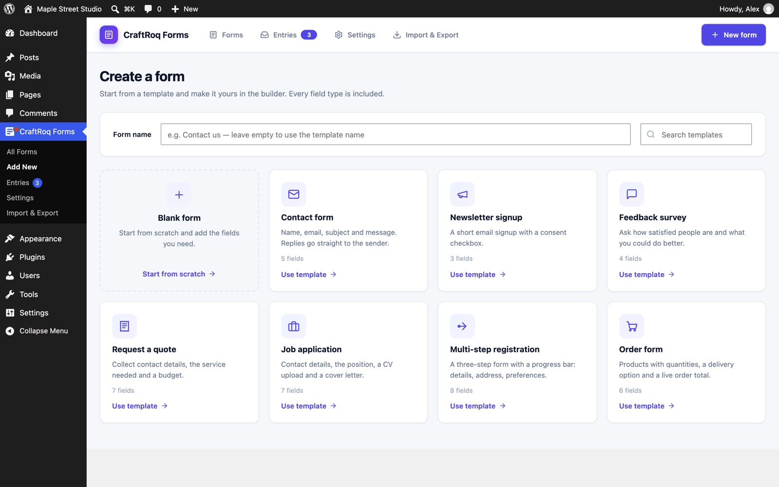 The Create a form screen with the blank form and seven templates