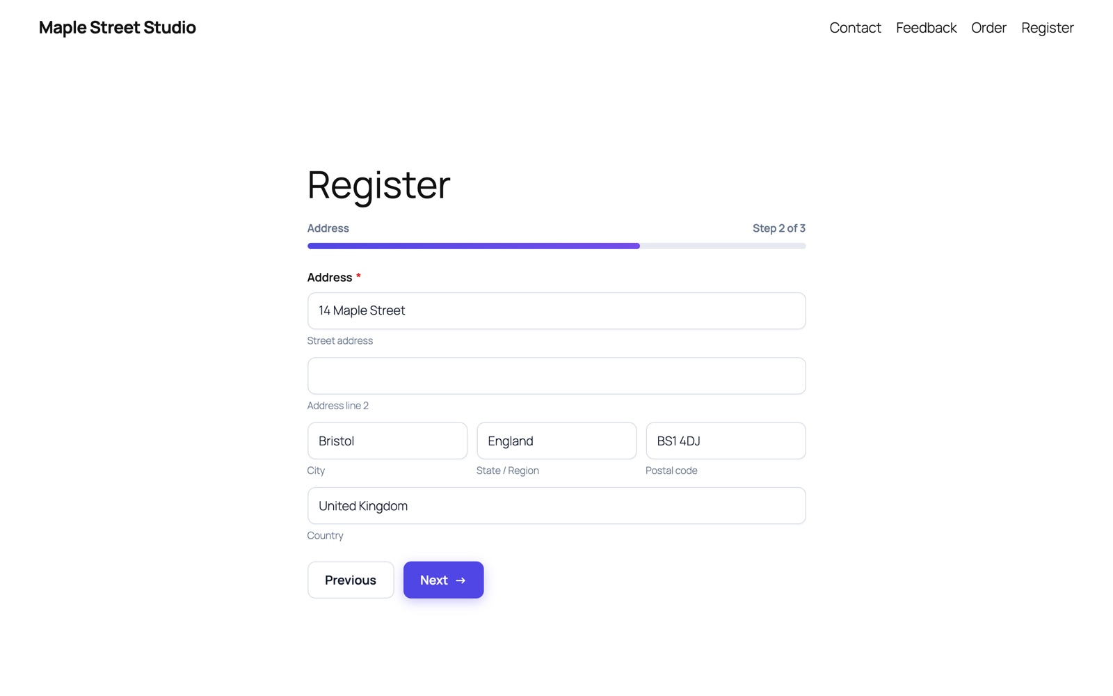 A registration form on step 2 of 3 with a progress bar and Previous and Next buttons