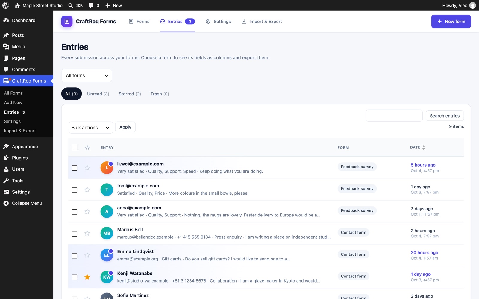 The Entries screen with All, Unread, Starred and Trash views, a search box and a list of entries