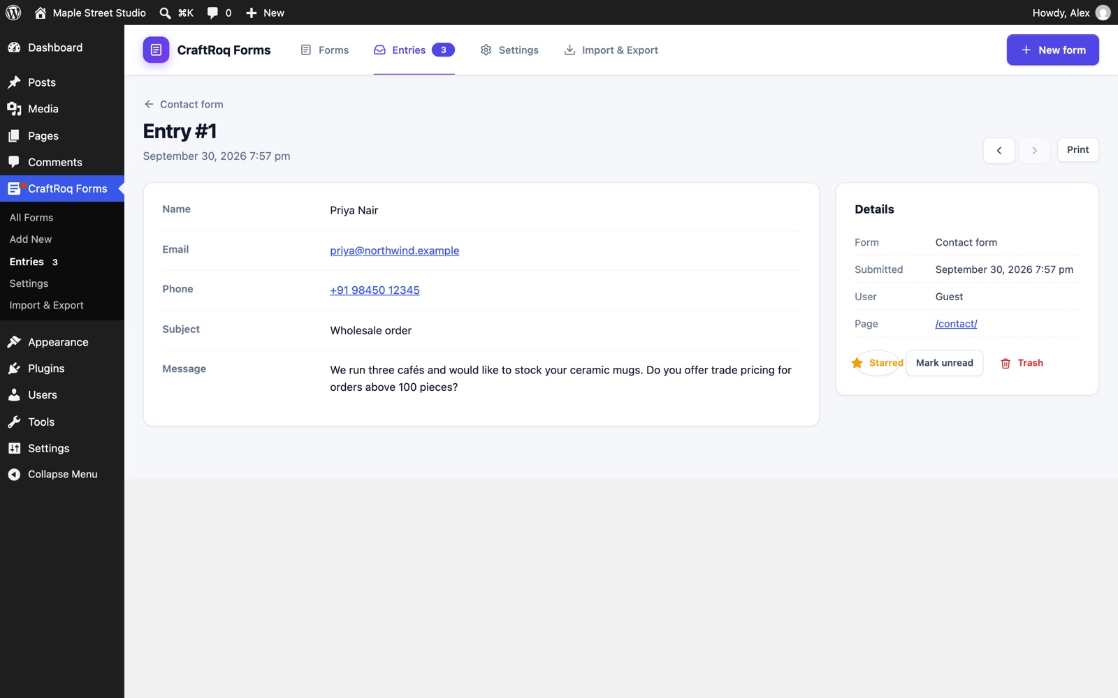 One entry opened: the visitor’s answers on the left and details on the right