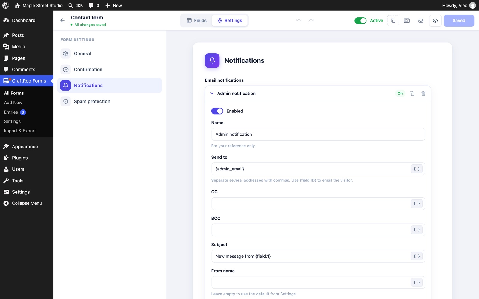 Notification settings: Enabled, Name, Send to, CC, BCC, Subject and From name