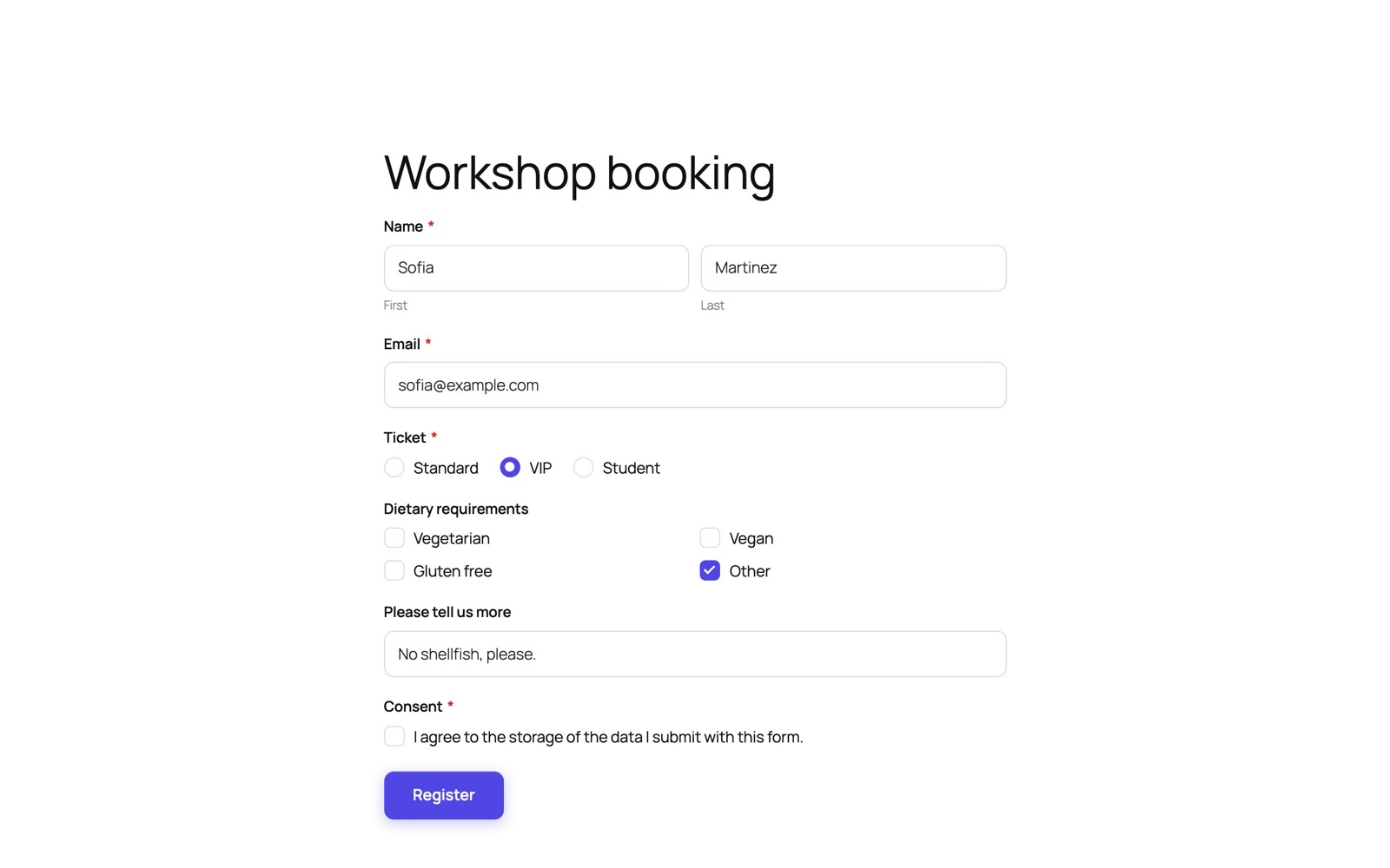 A booking form where ticking Other has revealed a Please tell us more box