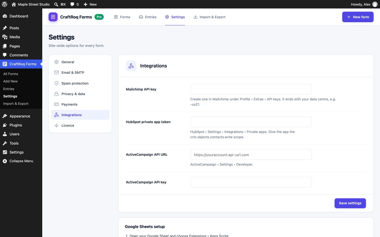 Integrations settings: boxes for the Mailchimp, HubSpot and ActiveCampaign keys, and the Google Sheets steps