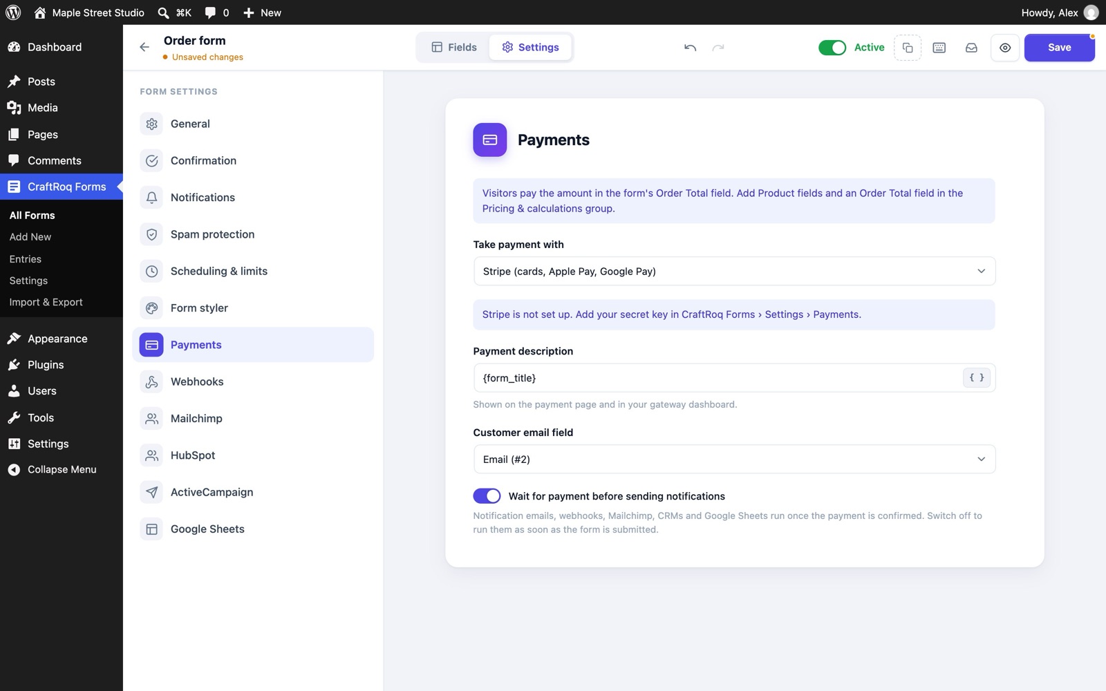 A form’s Payments settings with Stripe chosen, a payment description and the customer email field