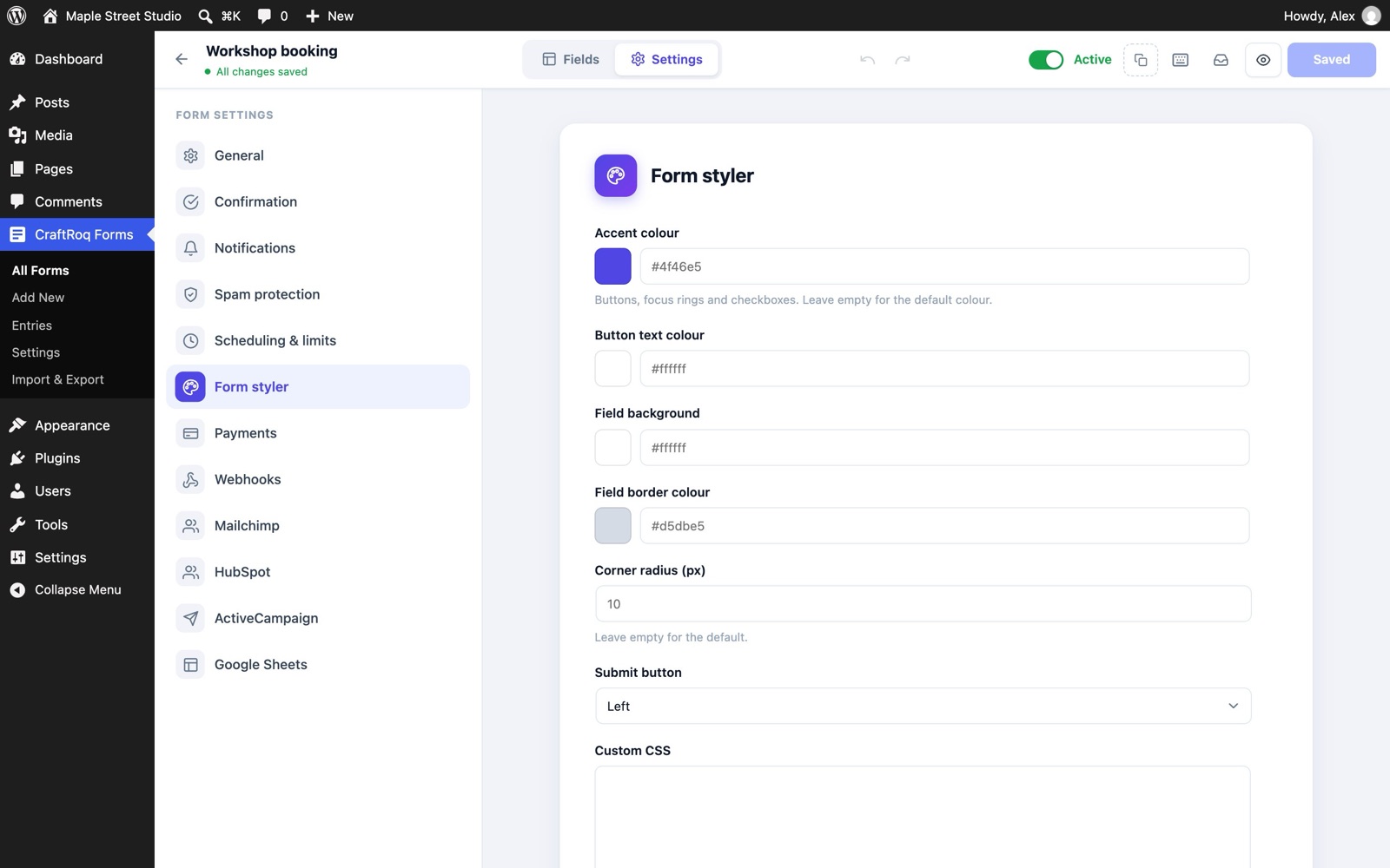 The form styler: accent colour, button text colour, field background, border colour, corner radius and submit button position