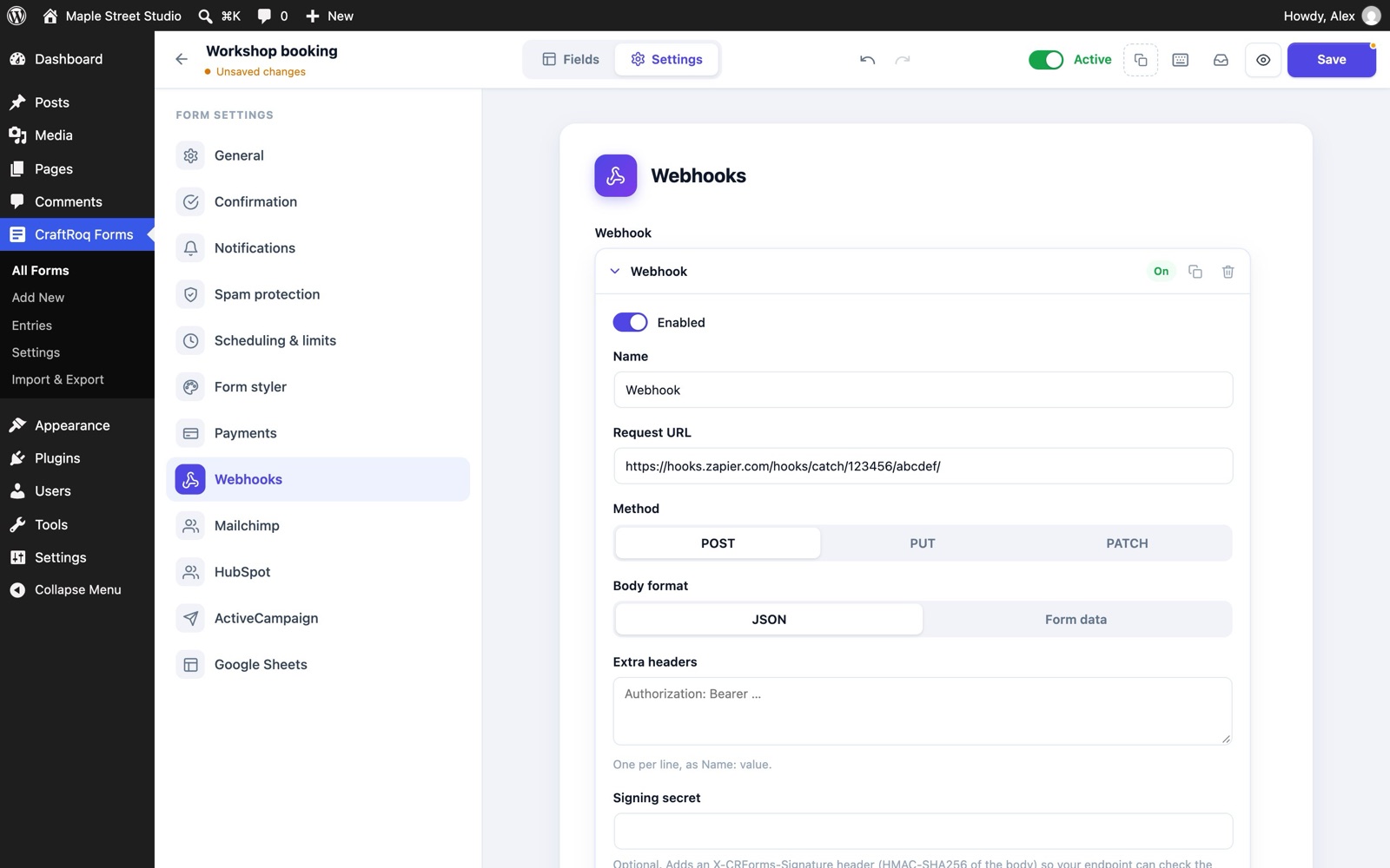 A webhook with a name, a request URL, the method and the body format