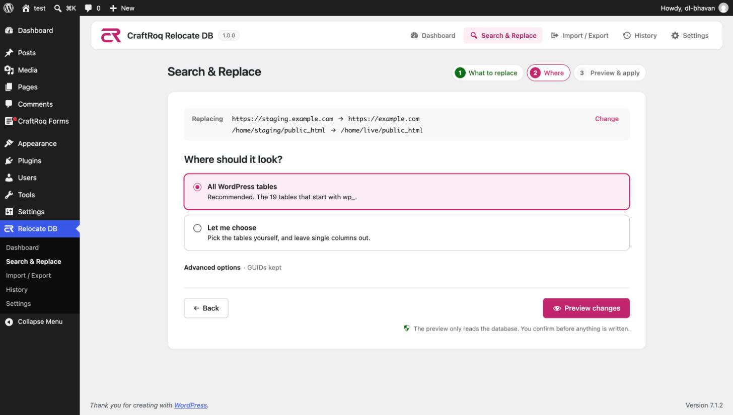 Where should it look: All WordPress tables is selected, with Let me choose below it