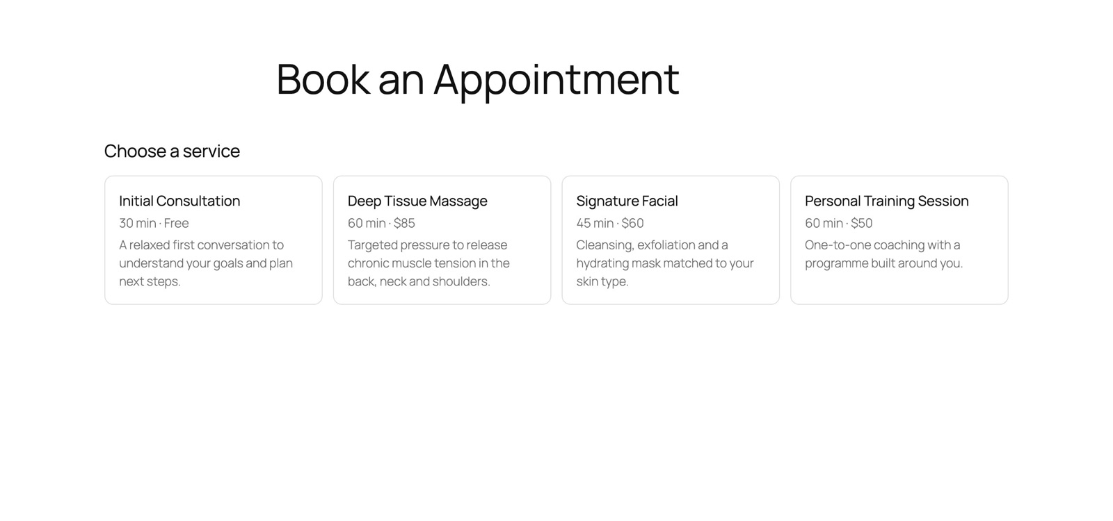 The booking form: four service cards, each with its duration and price