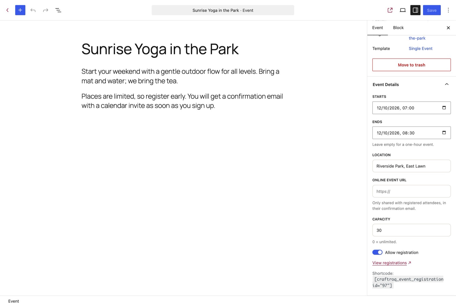 The block editor with an Event Details panel in the sidebar: starts, ends, location, online event URL, capacity and allow registration