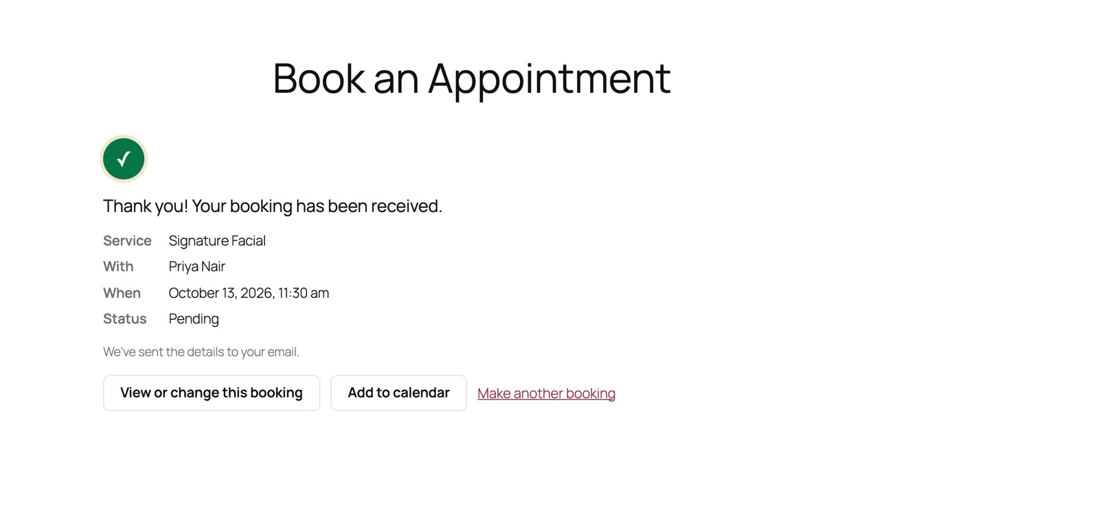 The booking confirmation with its service, staff member, date and status, and buttons to manage it or add it to a calendar