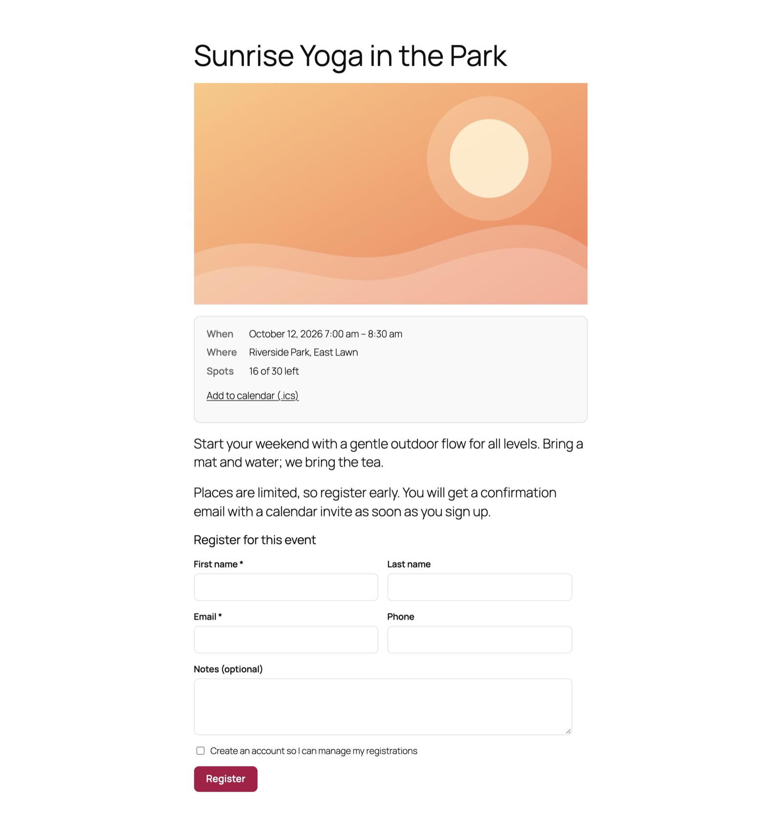 An event page with its picture, when and where it is, spots left, an add to calendar link and the registration form