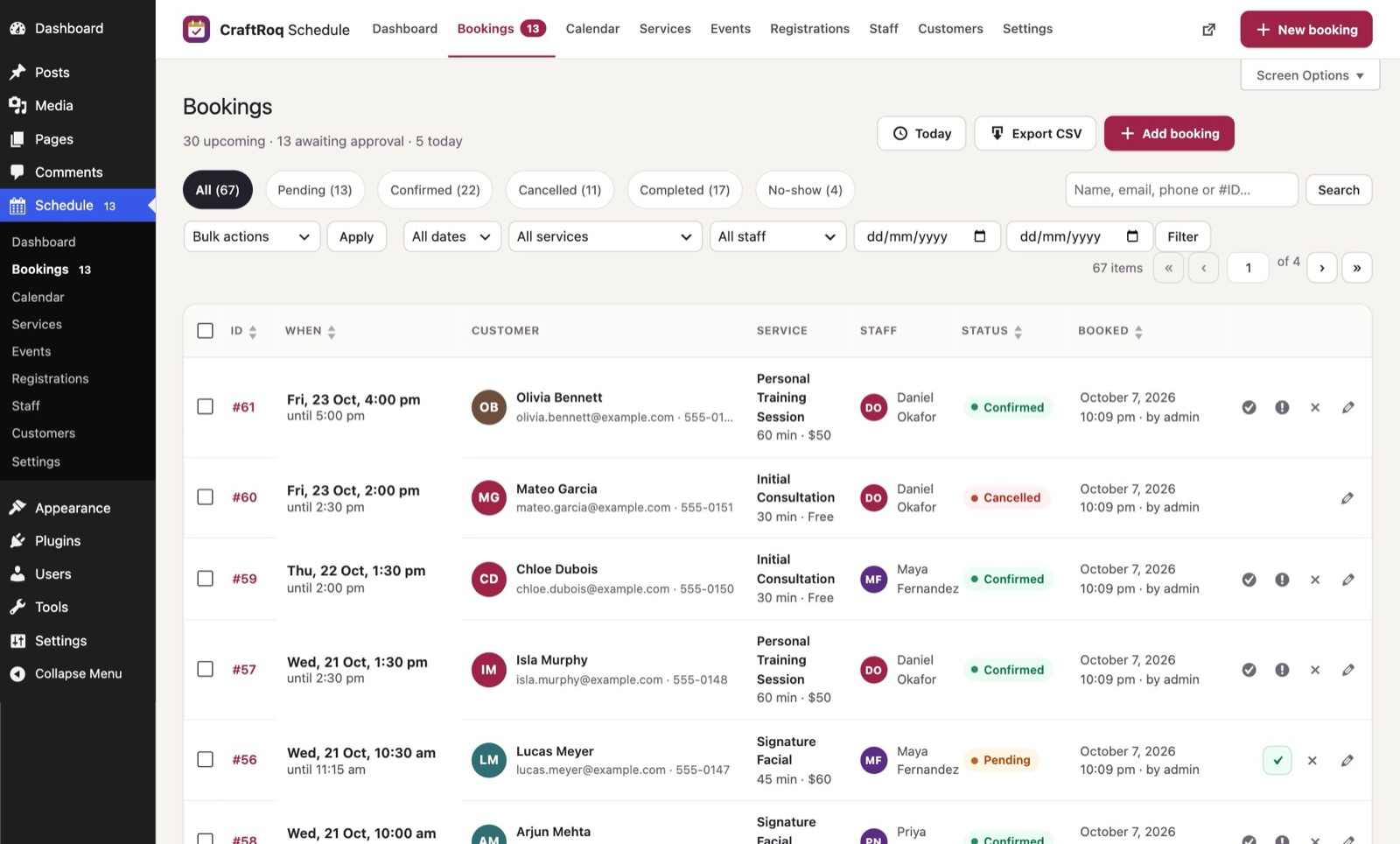 The bookings list with status filters, search, CSV export and one-click status actions