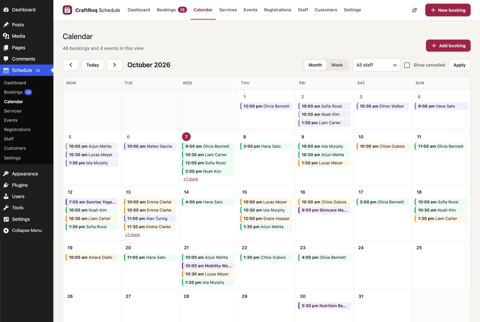 A month calendar of bookings and events, colour-coded by status