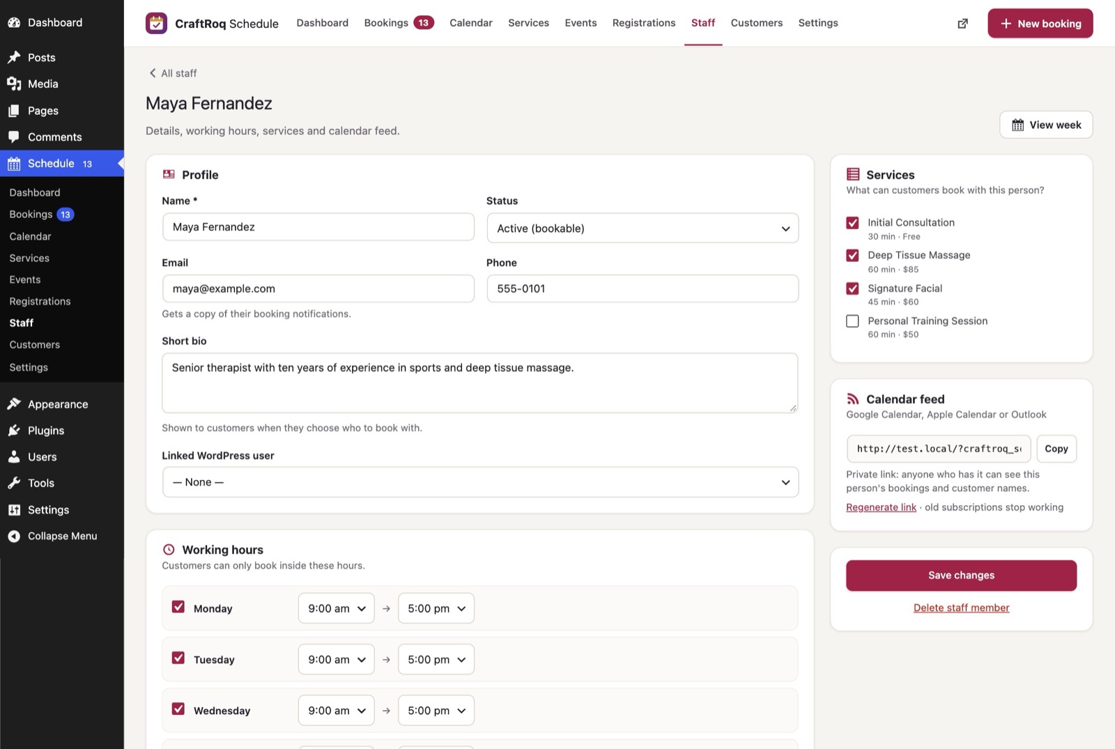 A staff member’s screen: profile, working hours for each weekday, the services they provide and a private calendar feed link